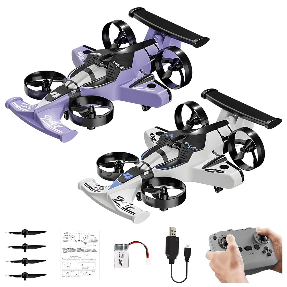 2-in-1 Flying Car & Stunt Drone - Mini Indoor Drone, 2 in 1 RC Quadcopter & Flying Car Toys, 2.4Ghz Remote Control 4WD Stunt Car 3 Speeds Adjustable, Birthday Xmas Gifts for Kids 8-12 (2PCS)