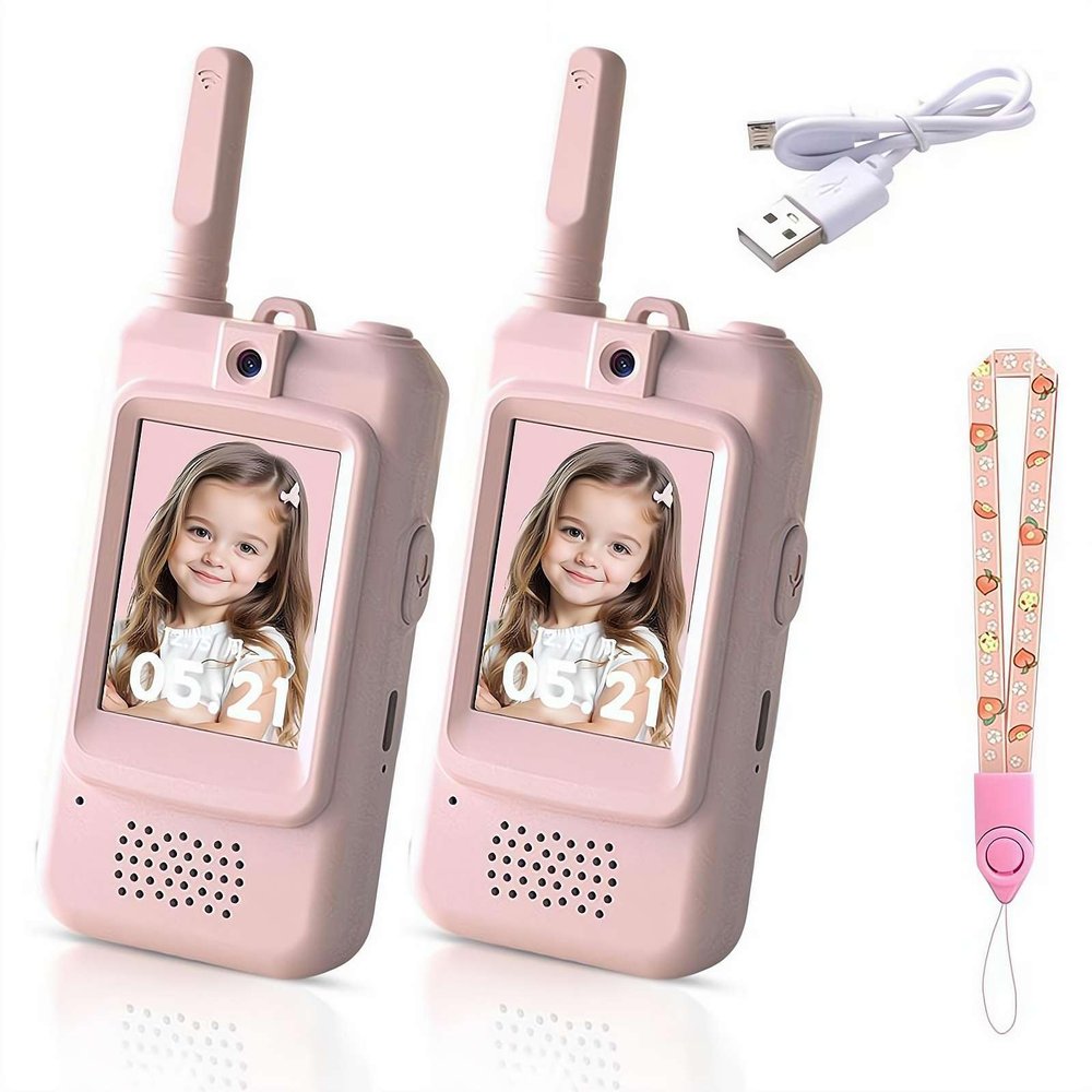Walkie Talkie for Kids with Video,2 Pack Rechargeable Toddler Toys with HD Camera & Voice Changer,Long Range Two Way Radios Toys Christmas Birthday Gifts for Boys Girls 3+ for Outdoor Play(Pink Set)
