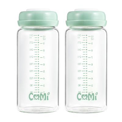 COMI Wide Neck Glass Breastmilk Collection n Storage Bottle, 2 Packs,10oz with Screw Ring Sealing Disk,Re-markable Sealing Disc,BPA Free,Fits Breast Pumps&Nipples(2 Green Lids)
