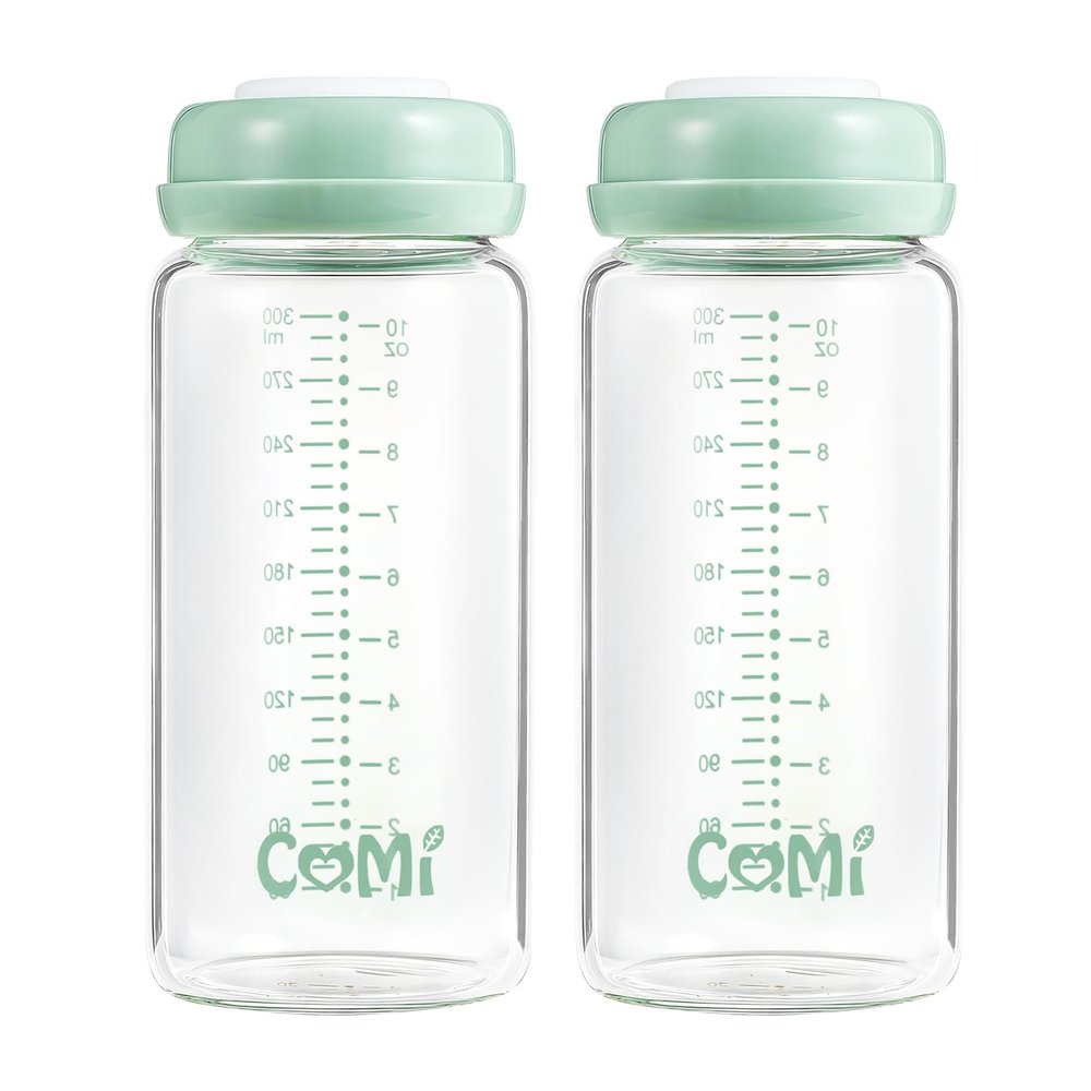 COMI Wide Neck Glass Breastmilk Collection n Storage Bottle, 2 Packs,10oz with Screw Ring Sealing Disk,Re-markable Sealing Disc,BPA Free,Fits Breast Pumps&Nipples(2 Green Lids)