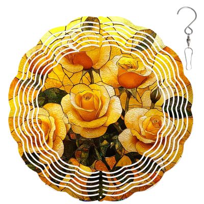 10-Inch Metal Wind Spinner Golden-Yellow Roses 3D Floral Wind Spinner, Unique Metal Hanging Kinetic Wind Sculpture Ornament Gifts for Women Yard Art Garden Patio Lawn Indoor Outdoor Decor