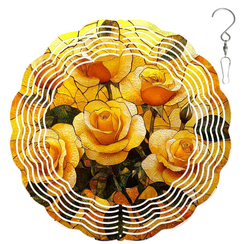 10-Inch Metal Wind Spinner Golden-Yellow Roses 3D Floral Wind Spinner, Unique Metal Hanging Kinetic Wind Sculpture Ornament Gifts for Women Yard Art Garden Patio Lawn Indoor Outdoor Decor