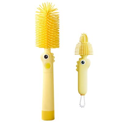 2PCS Baby Bottle Brush with 360 Silcone Head for Cleaning, Dinosaur Themed 2-Size Compact Travel Brush for Bottles, Sippy Cups & Mugs, Yellow..