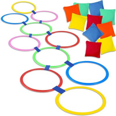 Cabaubl 2 in 1 Hopscotch and Bean Bag Toss Set, Hopscotch Ring Game, Bean Bag Toss Game,10 Multi-Colored Plastic Rings and 10 Connectors for Indoor Outdoor Balance Agility Training Obstacle Course
