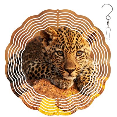 10-Inch Metal Wind Spinner Spotted Leopard Cub 3D Wildlife Wind Spinner, Unique Metal Hanging Kinetic Wind Sculpture Ornament Gifts for Women Yard Art Garden Patio Lawn Indoor Outdoor Decor