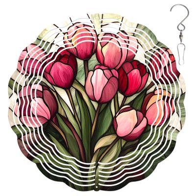 10-Inch Metal Wind Spinner Deep-red Tulips 3D Floral Wind Spinner, Unique Metal Hanging Kinetic Wind Sculpture Ornament Gifts for Women Yard Art Garden Patio Lawn Indoor Outdoor Decor