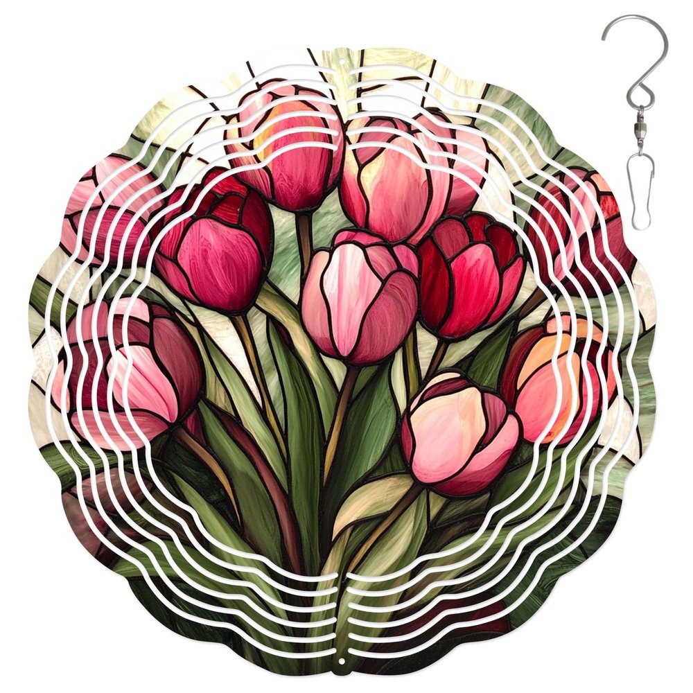 10-Inch Metal Wind Spinner Deep-red Tulips 3D Floral Wind Spinner, Unique Metal Hanging Kinetic Wind Sculpture Ornament Gifts for Women Yard Art Garden Patio Lawn Indoor Outdoor Decor