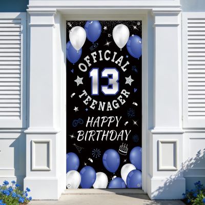13th Happy Birthday Door Banner Backdrop, Blue Official Teenager Polyester Birthday Decorations for Boys Girls 13 Years Party Decor Photo Props Yard Sign Indoor Outdoor