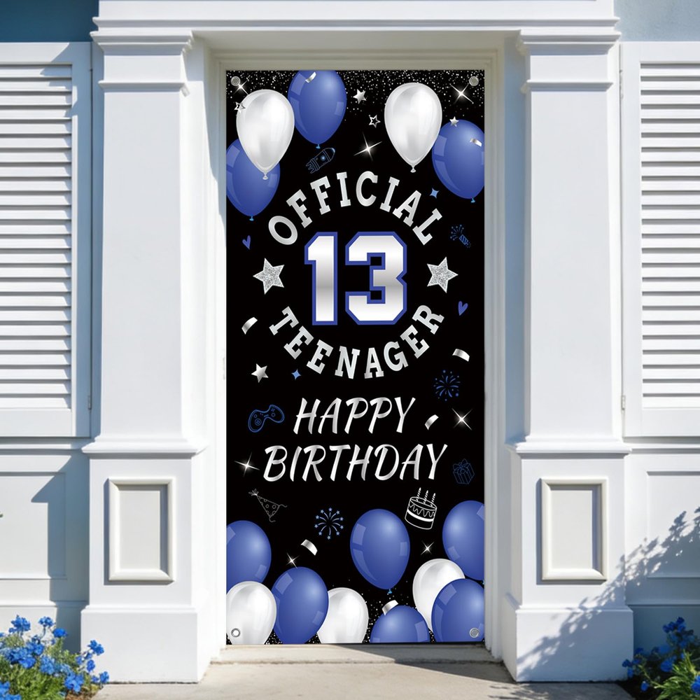 13th Happy Birthday Door Banner Backdrop, Blue Official Teenager Polyester Birthday Decorations for Boys Girls 13 Years Party Decor Photo Props Yard Sign Indoor Outdoor