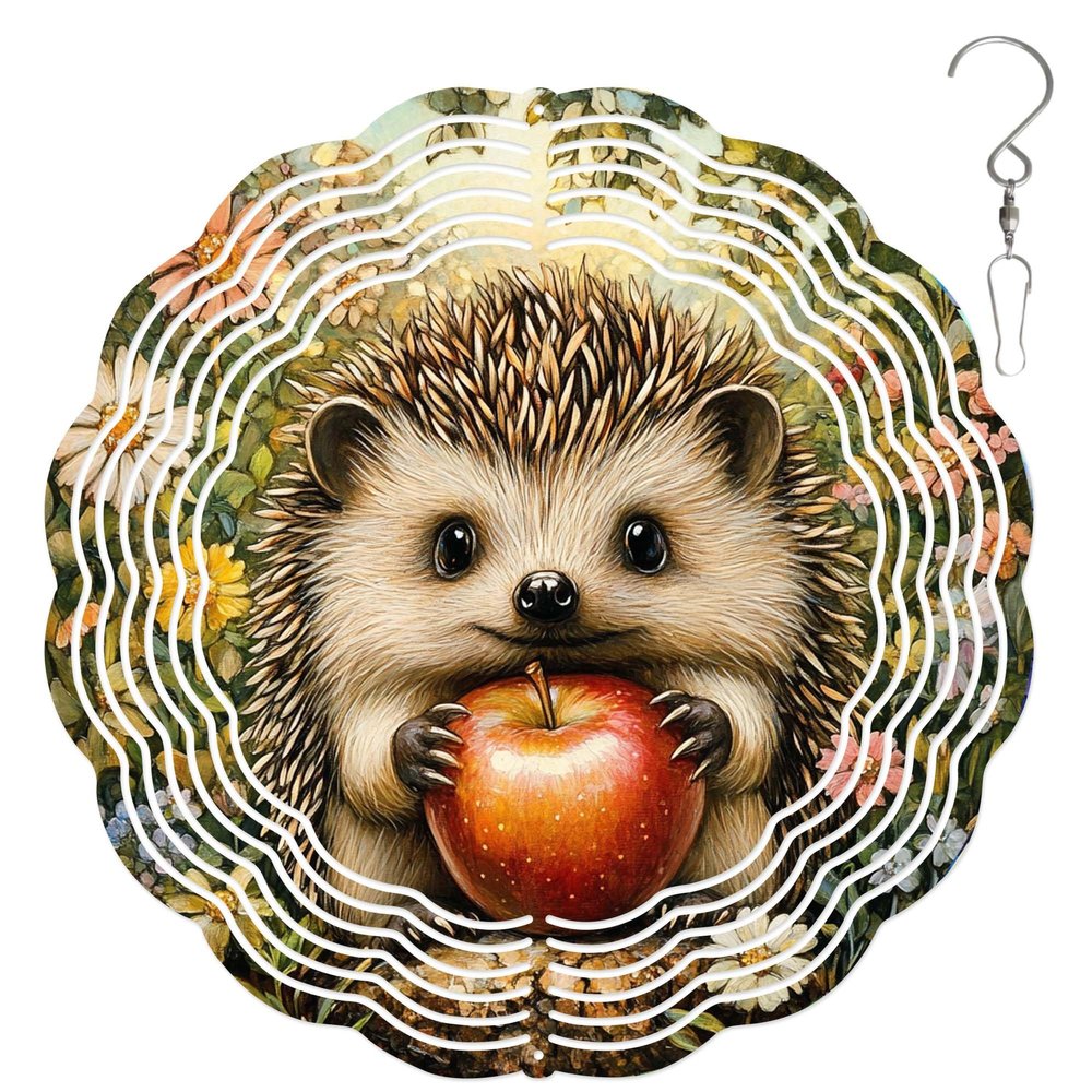 10-Inch Metal Wind Spinner Hedgehog Holds Red Apple 3D Animal Wind Spinner, Unique Metal Hanging Kinetic Wind Sculpture Ornament Gifts for Women Yard Art Garden Patio Lawn Indoor Outdoor Decor