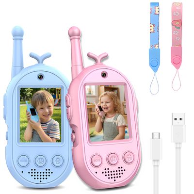 Video Walkie Talkies for Kids, Headband Emoji Function, 3 Voice Changing Switches, Hanging Rope Top-C Charging, Suitable for Children Ove Kids Walkie Talkies 2 Pack