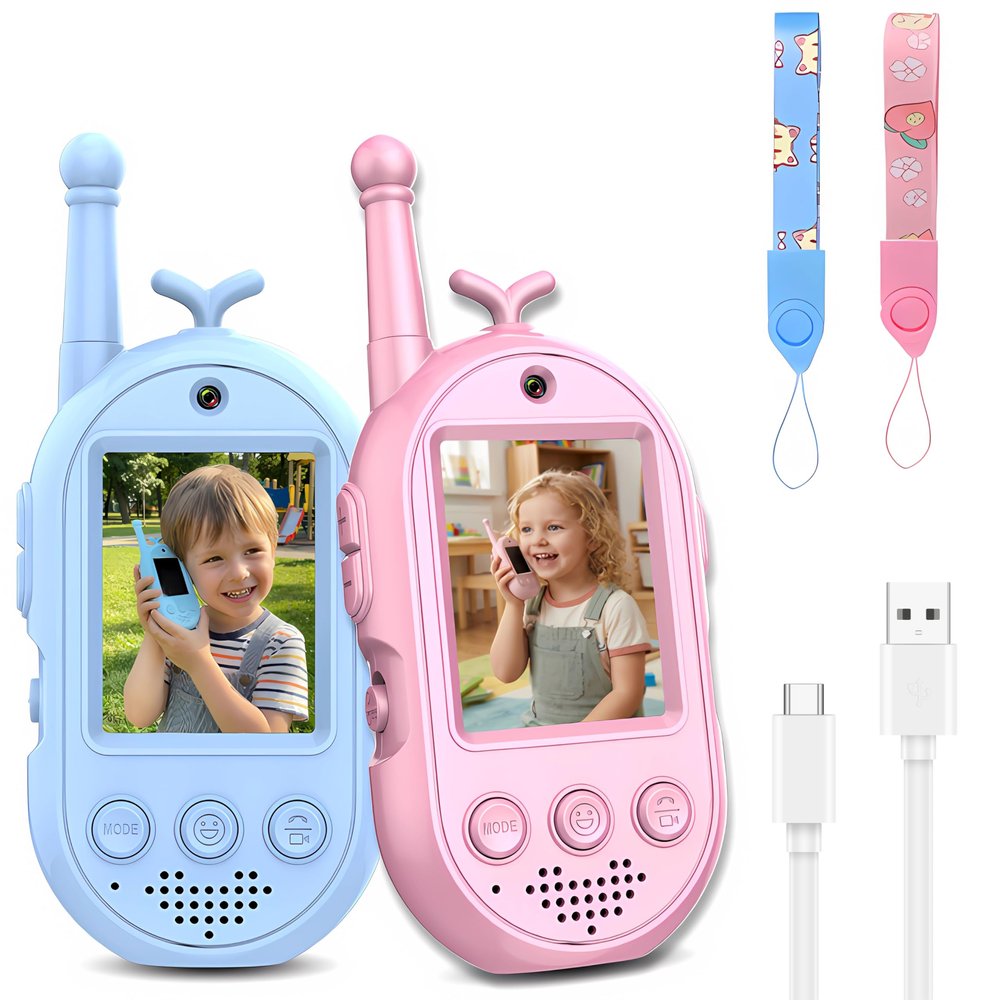 Video Walkie Talkies for Kids, Headband Emoji Function, 3 Voice Changing Switches, Hanging Rope Top-C Charging, Suitable for Children Ove Kids Walkie Talkies 2 Pack