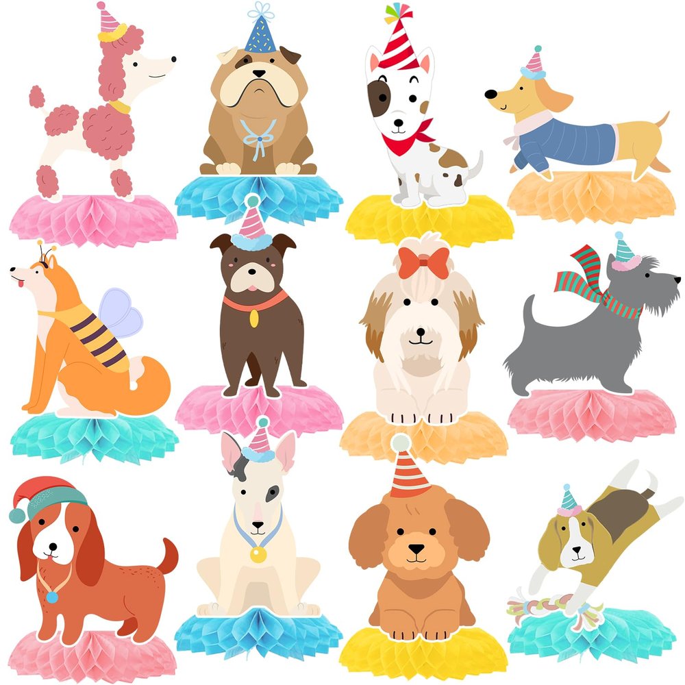 12 Pcs Retro Dog Honeycomb Centerpieces, Puppy Dog Party Favors Birthday Party Decorations Dog Centerpieces Decorations Supplies for Kids Teens Boys Girls Baby Shower