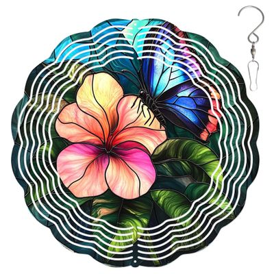 10-Inch Metal Wind Spinner Butterfly on Hibiscus 3D Floral Wind Spinner, Unique Metal Hanging Kinetic Wind Sculpture Ornament Gifts for Women Yard Art Garden Patio Lawn Indoor Outdoor Decor