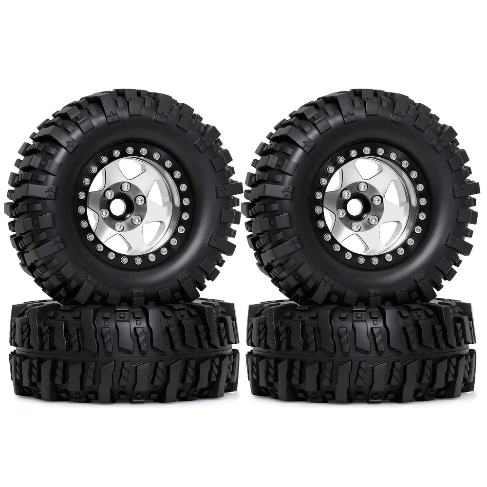 1.9'' Crawler Tires Mud Slingers Tyre OD 3.75'' For 1/12 RC Crawler MJX H12Y+ MN-128 MN82S LC79 1.9'' Beadlock Wheels (Silvery)