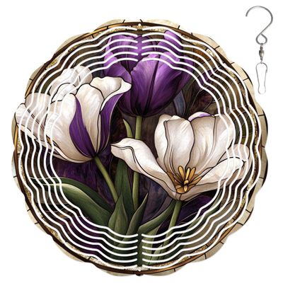 10-Inch Metal Wind Spinner White and Purple Tulips 3D Floral Wind Spinner, Unique Metal Hanging Kinetic Wind Sculpture Ornament Gifts for Women Yard Art Garden Patio Lawn Indoor Outdoor Decor