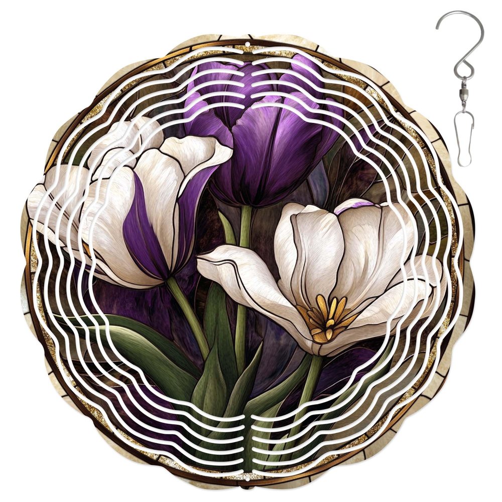 10-Inch Metal Wind Spinner White and Purple Tulips 3D Floral Wind Spinner, Unique Metal Hanging Kinetic Wind Sculpture Ornament Gifts for Women Yard Art Garden Patio Lawn Indoor Outdoor Decor