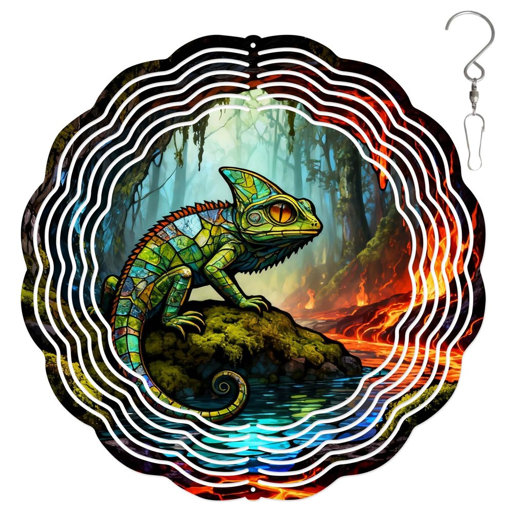 10-Inch Metal Wind Spinner Chameleon on Rock 3D Animal Wind Spinner, Unique Metal Hanging Kinetic Wind Sculpture Ornament Gifts for Women Yard Art Garden Patio Lawn Indoor Outdoor Decor