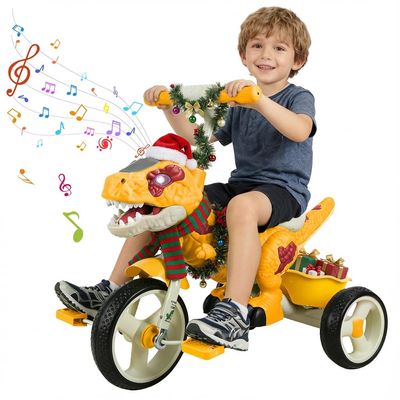 Dinosaur Kids Tricycle, Toddler Trike with Music Lights & Storage Basket Horn, Ride-On Bike Toy Preschool Tricycle Indoor/Outdoor Dinosaur Tricycles for Boys Girls 2-7 Years Old (Orange)