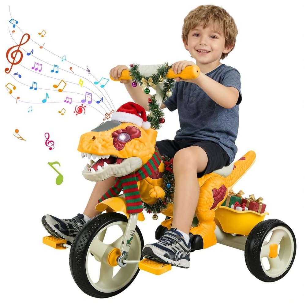 Dinosaur Kids Tricycle, Toddler Trike with Music Lights & Storage Basket Horn, Ride-On Bike Toy Preschool Tricycle Indoor/Outdoor Dinosaur Tricycles for Boys Girls 2-7 Years Old (Orange)