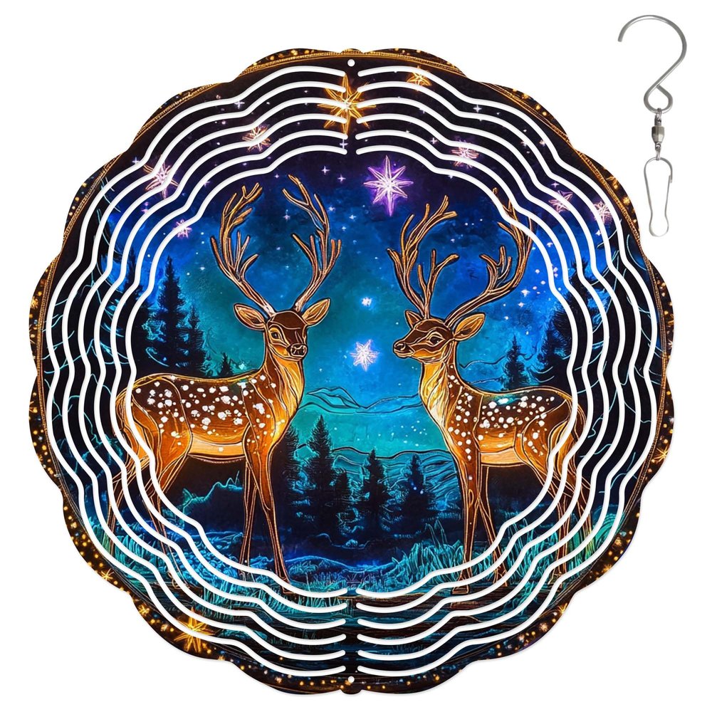 10-Inch Metal Wind Spinner Spotted Deer in Starry Night 3D Animal Wind Spinner, Unique Metal Hanging Kinetic Wind Sculpture Ornament Gifts for Women Yard Art Garden Patio Lawn Indoor Outdoor Decor (1)