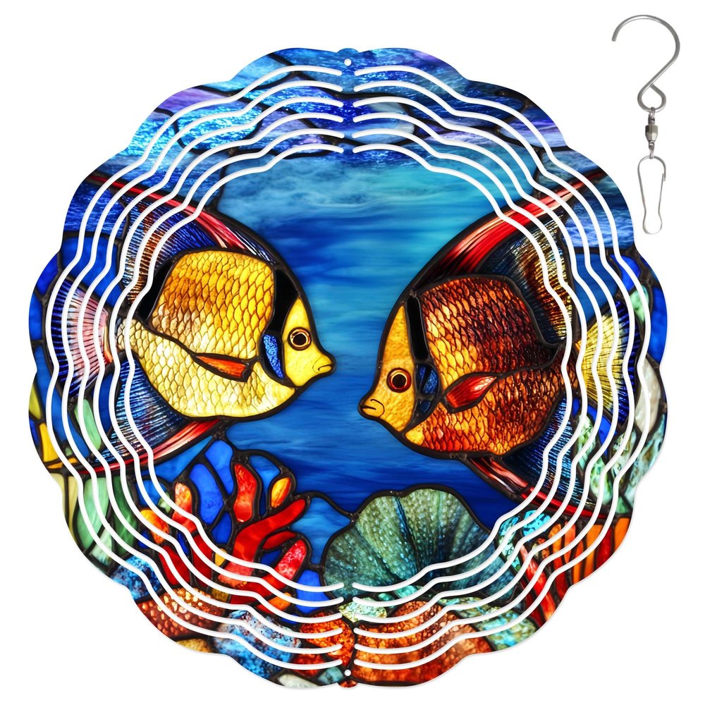 10-Inch Metal Wind Spinner Two Angelfish Among Coral 3D Fish Wind Spinner, Unique Metal Hanging Kinetic Wind Sculpture Ornament Yard Art Garden Patio Lawn Indoor Outdoor Decor