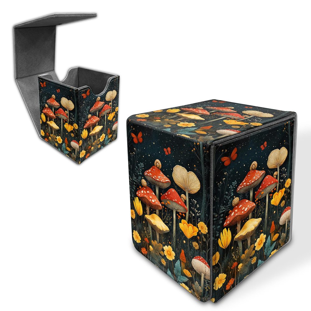 HGGJFLYX Deck Box for MTG/TCG/CCG, 100+ Sleeved Card Holder, PU Leather Trading Card Storage Box Case with Magnetic Closure, Quick Access for MTG Commander Game Cards, Cartoon Mushrooms