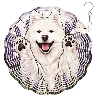 10-Inch Metal Wind Spinner Samoyed in Lavender Flowers 3D Dog Wind Spinner, Unique Metal Hanging Kinetic Wind Sculpture Ornament Gifts for Women Yard Art Garden Patio Lawn Indoor Outdoor Decor (1)