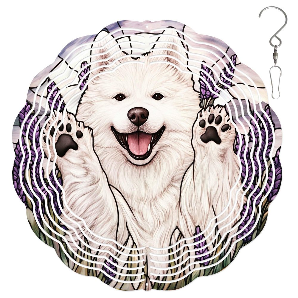 10-Inch Metal Wind Spinner Samoyed in Lavender Flowers 3D Dog Wind Spinner, Unique Metal Hanging Kinetic Wind Sculpture Ornament Gifts for Women Yard Art Garden Patio Lawn Indoor Outdoor Decor (1)