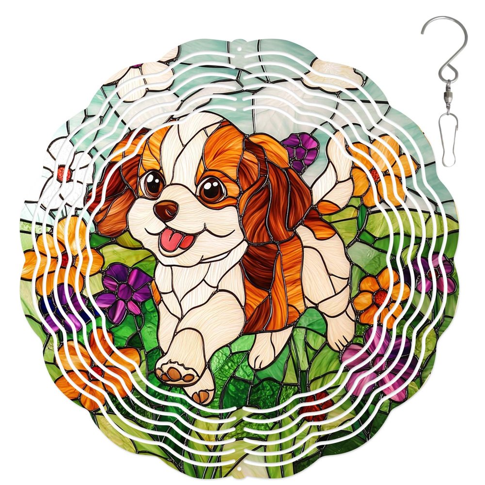 10-Inch Metal Wind Spinner Charles Spaniel Puppy 3D Dog Wind Spinner, Unique Metal Hanging Kinetic Wind Sculpture Ornament Gifts for Women Yard Art Garden Patio Lawn Indoor Outdoor Decor