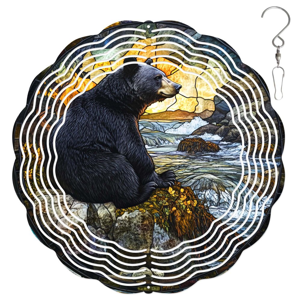 10-Inch Metal Wind Spinner Black Bear by Stream 3D Wildlife Wind Spinner, Unique Metal Hanging Kinetic Wind Sculpture Ornament Gifts for Women Yard Art Garden Patio Lawn Indoor Outdoor Decor
