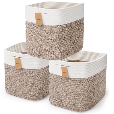 3Pack Cube Storage Bins,Square Storage Baskets for Christmas Decorative,Foldable Trunk organizer for Car,11Inch Durable Cotton Rope Woven Storage Basket for Organizing-Brown Basket for Shelves,Camping