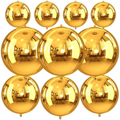 10Pcs Gold Round Foil Balloons, 22" 18" 15" 4D Helium Sphere Golden Balloon, Metallic Gold Foil Baloon for Graduation Birthday Wedding New Year 2026 Disco Anniversary Party Decorations