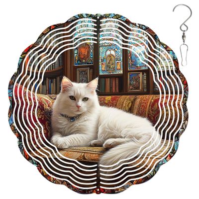 10-Inch Metal Wind Spinner White Cat on Ornate Couch 3D Pet Wind Spinner, Unique Metal Hanging Kinetic Wind Sculpture Ornament Gifts for Women Yard Art Garden Patio Lawn Indoor Outdoor Decor