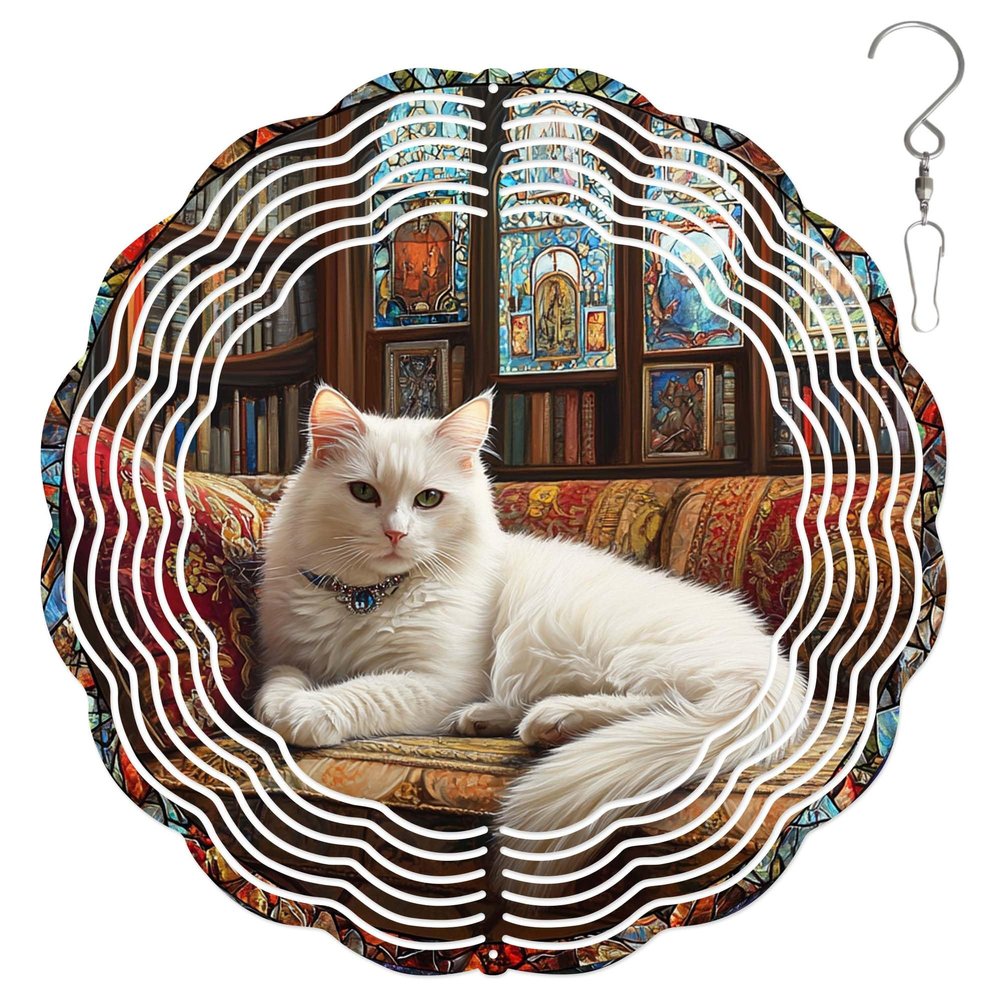 10-Inch Metal Wind Spinner White Cat on Ornate Couch 3D Pet Wind Spinner, Unique Metal Hanging Kinetic Wind Sculpture Ornament Gifts for Women Yard Art Garden Patio Lawn Indoor Outdoor Decor