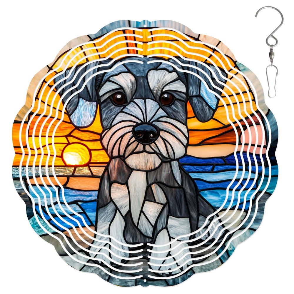 10-Inch Metal Wind Spinner Schnauzer by Sunset Ocean 3D Dog Wind Spinner, Unique Metal Hanging Kinetic Wind Sculpture Ornament Gifts for Women Yard Art Garden Patio Lawn Indoor Outdoor Decor (1)