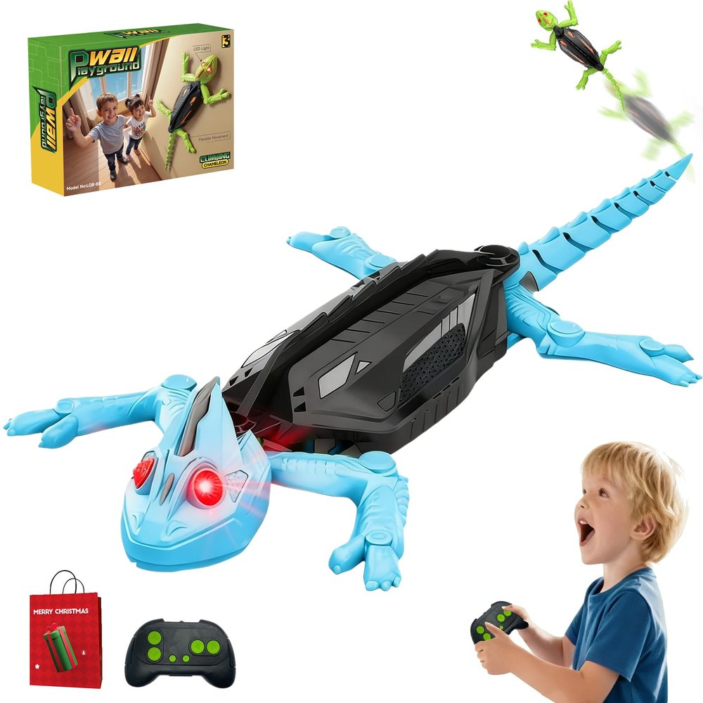 2025 New - Play Pack,Floor & Wall Driving Dual Mode,Wall Crawling Gecko Remote Control Electric Toy with LED Glowing Eyes,Wall Climbing RC Gecko Toy for Kids (B1)
