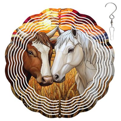10-Inch Metal Wind Spinner Horse and Cow Brother 3D Animal Wind Spinner, Unique Metal Hanging Kinetic Wind Sculpture Ornament Gifts for Women Yard Art Garden Patio Lawn Indoor Outdoor Decor