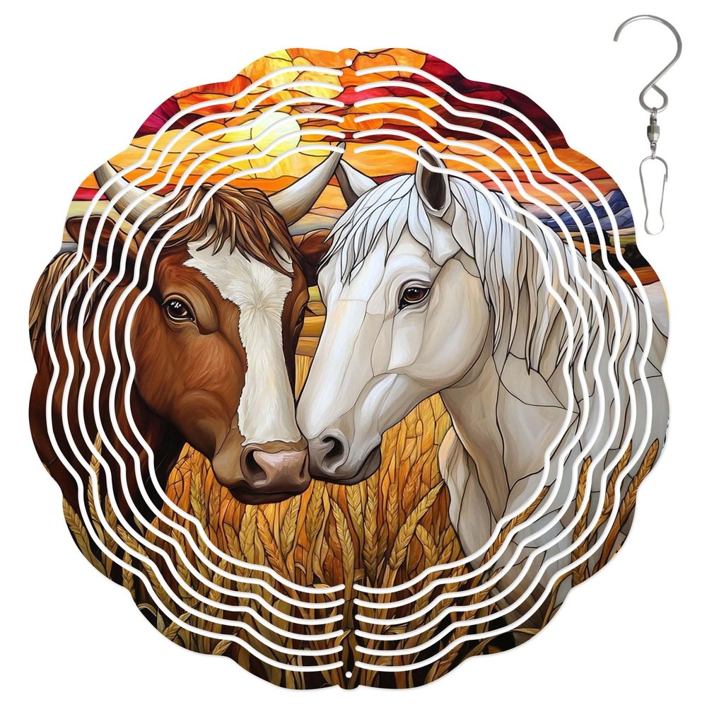10-Inch Metal Wind Spinner Horse and Cow Brother 3D Animal Wind Spinner, Unique Metal Hanging Kinetic Wind Sculpture Ornament Gifts for Women Yard Art Garden Patio Lawn Indoor Outdoor Decor