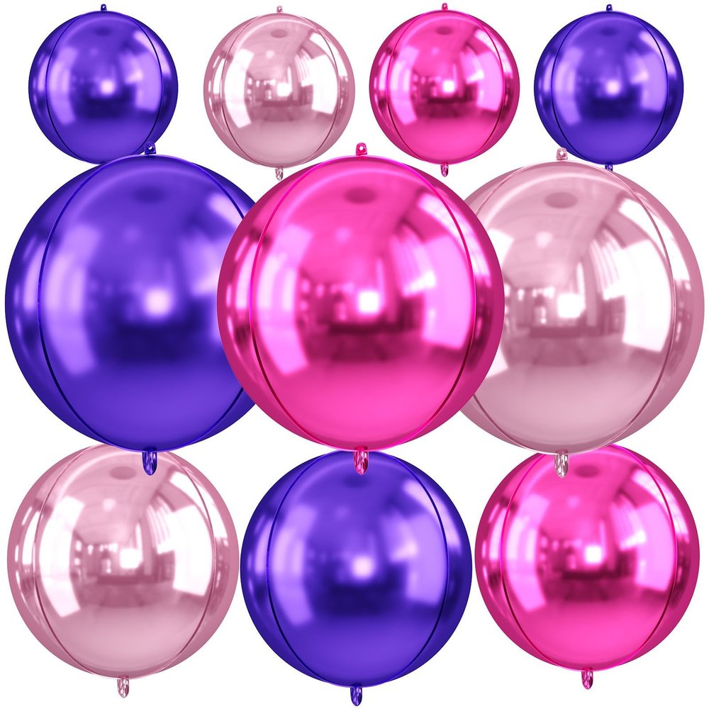 10Pcs Pink and Purple Round Foil Balloons, 22" 18" 15" 4D Helium Balloon, Metallic Hot Pink Purple Foil Baloon for Graduation Birthday Wedding New Year 2026 Anniversary Party Decorations