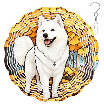 10-Inch Metal Wind Spinner Samoyed on Golden Ginkgo Leaves3D Dog Wind Spinner, Unique Metal Hanging Kinetic Wind Sculpture Ornament Gifts for Women Yard Art Garden Patio Lawn Indoor Outdoor Decor