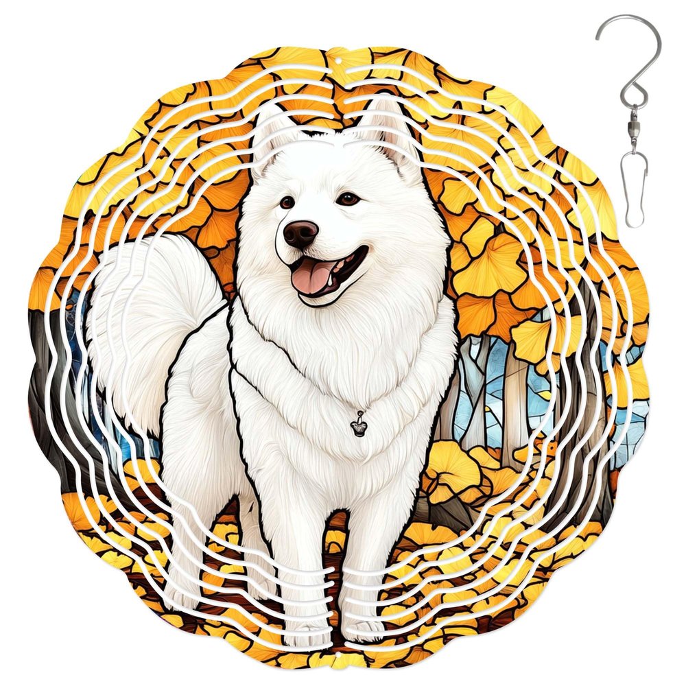 10-Inch Metal Wind Spinner Samoyed on Golden Ginkgo Leaves3D Dog Wind Spinner, Unique Metal Hanging Kinetic Wind Sculpture Ornament Gifts for Women Yard Art Garden Patio Lawn Indoor Outdoor Decor
