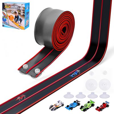 FUTESI Flexible Race Car Track for Kids 15 Ft Flex Tracks Starter Set Compatible with Diecast 1/64th Cars Portable Rolls Up Race Tracks with Strong Suction Cups Birthday Gifts for Boys Girls Ages 3+