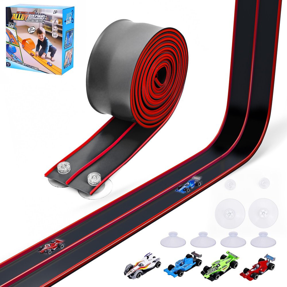 FUTESI Flexible Race Car Track for Kids 15 Ft Flex Tracks Starter Set Compatible with Diecast 1/64th Cars Portable Rolls Up Race Tracks with Strong Suction Cups Birthday Gifts for Boys Girls Ages 3+