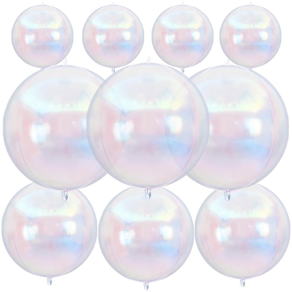 10Pcs Iridescent Round Foil Balloons, 22" 18" 10" 4D Helium Clear Balloon, Metallic Iridescent Foil Baloon for Graduation Birthday Wedding New Year 2026 Disco Anniversary Party Decorations