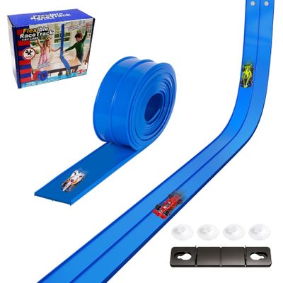 15ft Flexible Race Track for Kids Portable Roll up Flex Track Race Cars with Suction Cups & Dual Orbits DIY Play Fun for Boys Girls Indoor Outdoor Blue
