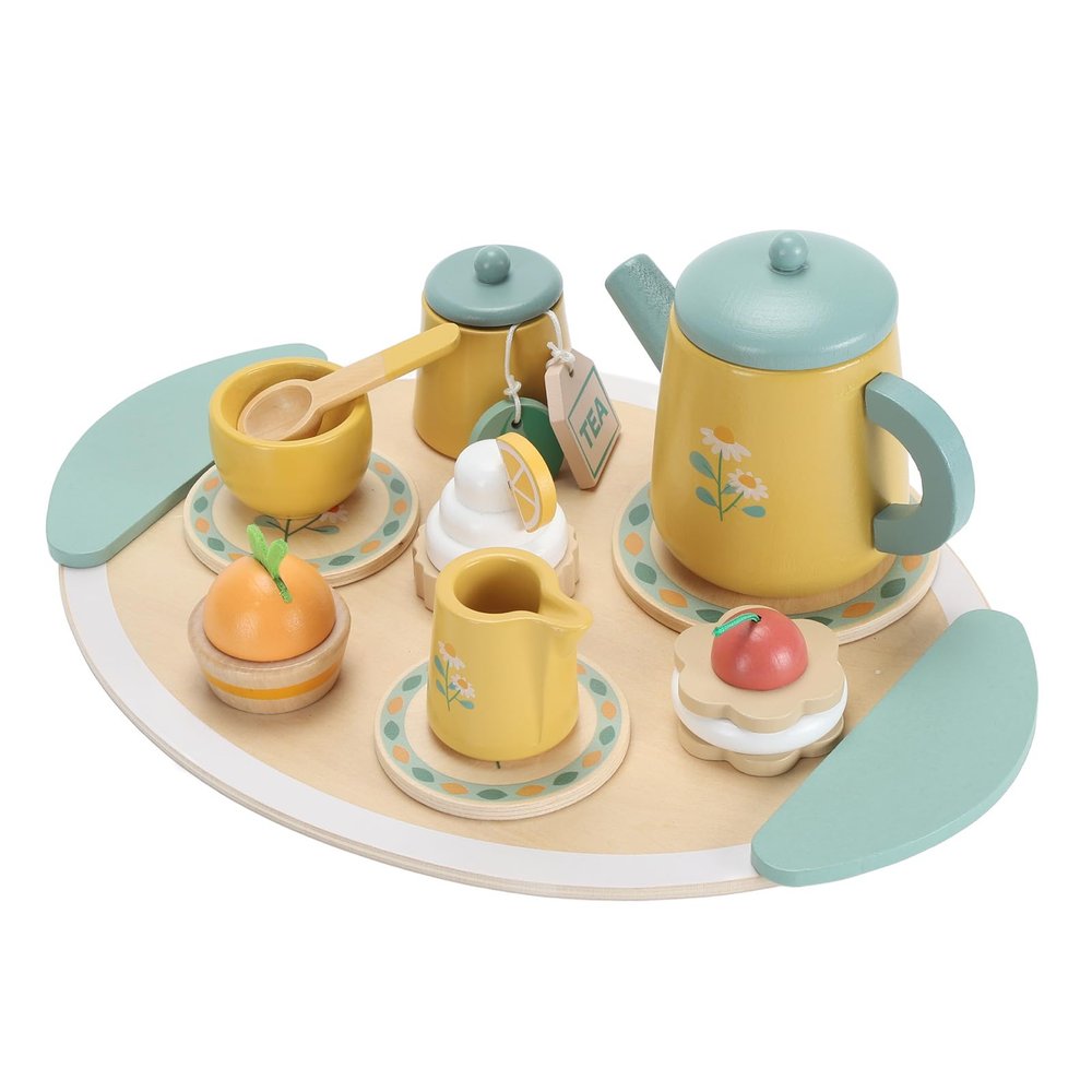 Fdit Wooden Tea Party Set Enhance Social Skills Toddler Tea Set for Kids Boys Girls Wood Color