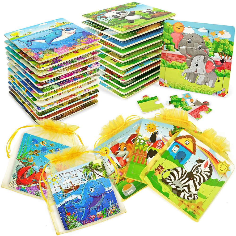 24 Pack Wooden Animal Puzzles for Toddlers, with 24 Organza Bags  Preschool Learning Puzzles for Kids Ages 3-5, Party Favors, Classroom Rewards, Educational Gifts