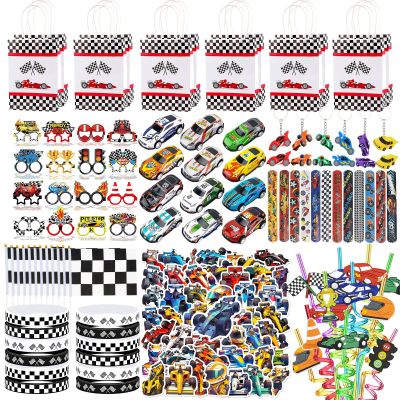 150PCS Race Car Party Favors Set, Race Car Themed Birthday Decorations Supplies, Goodie Bags Keychains Glasses Stickers Straws Flags, Racing Car Party Favors Easter Gifts Classroom Rewards for Kids