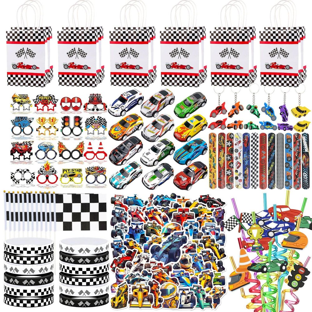 150PCS Race Car Party Favors Set, Race Car Themed Birthday Decorations Supplies, Goodie Bags Keychains Glasses Stickers Straws Flags, Racing Car Party Favors Easter Gifts Classroom Rewards for Kids